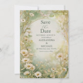 Art Nouveau Daisies Ivoor Green Wedding Save The Date (Voorkant)