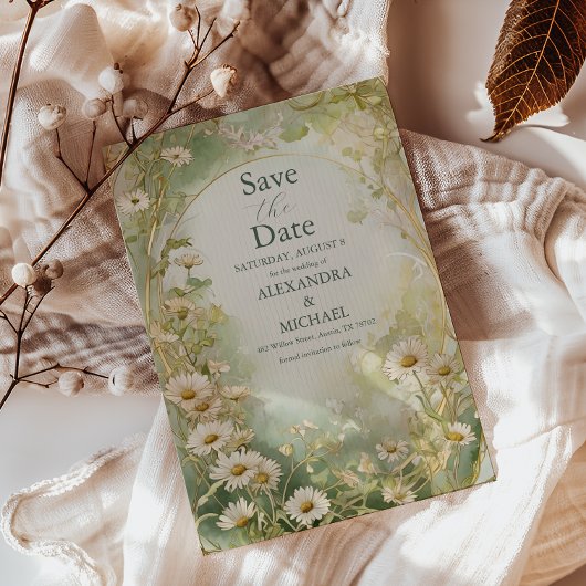 Art Nouveau Daisies Ivoor Green Wedding Save The Date