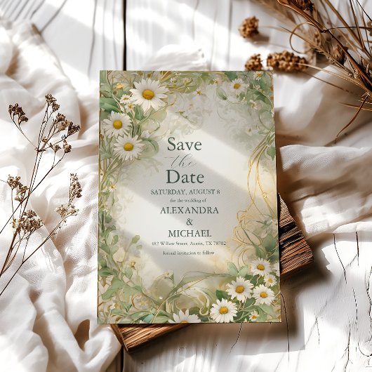Art Nouveau Daisies Ivoor Green Wedding Save The Date