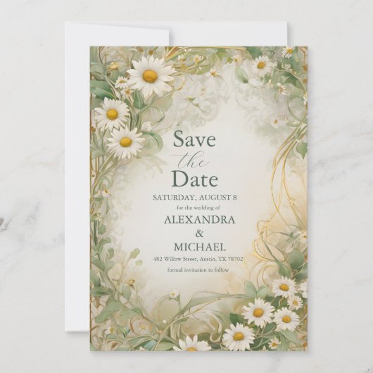 Art Nouveau Daisies Ivoor Green Wedding Save The Date (Voorkant)