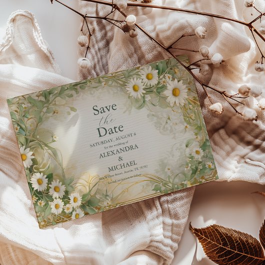 Art Nouveau Daisies Ivoor Groen Huwelijk Save The Date