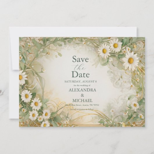 Art Nouveau Daisies Ivoor Groen Huwelijk Save The Save The Date (Voorkant)