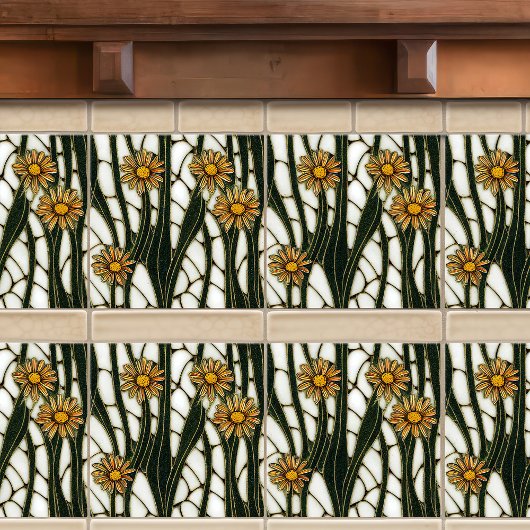 Art Nouveau Daisies Seamless white green florals Tegeltje