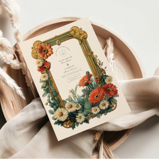 Art Nouveau Daisy Gerbera Floral Lijst bruiloft Kaart