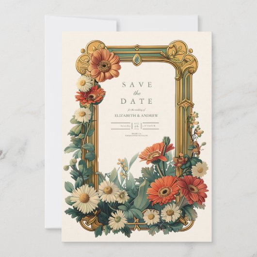 Art Nouveau Daisy Gerbera Floral Lijst bruiloft Save The Date (Voorkant)