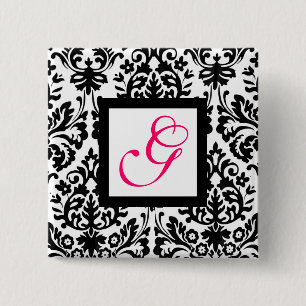 ART NOUVEAU DAMASK SQUARE MONOGRAM, roze fuchsie Vierkante Button 5,1 Cm