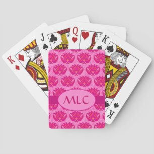 Art Nouveau Damast Monogram Hot Roze Pokerkaarten