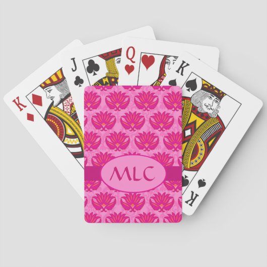 Art Nouveau Damast Monogram Hot Roze Pokerkaarten (Achterkant)