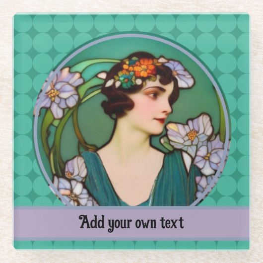 Art Nouveau Dame in Groen & Lavendel - jouw tekst Glazen Onderzetter (Voorkant)