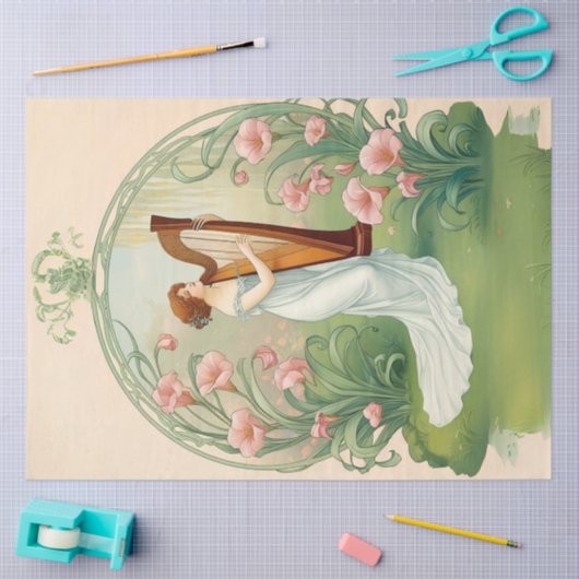 Art Nouveau Dame met Harp Decoupage Papier (Craft)