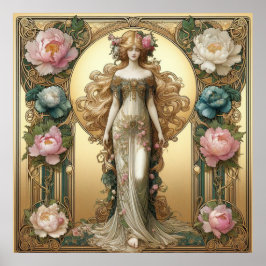Art Nouveau dame met pioenen Poster