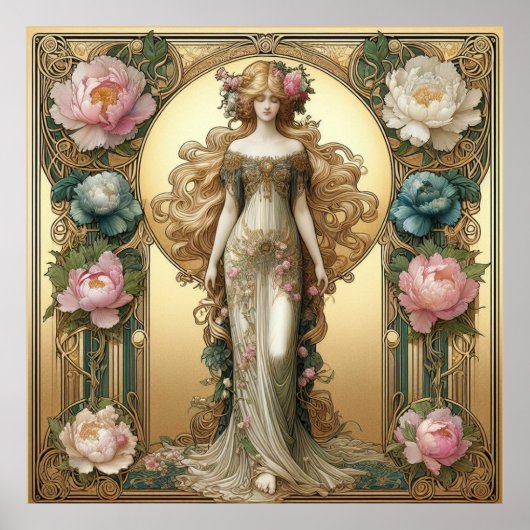 Art Nouveau dame met pioenen Poster (Voorkant)