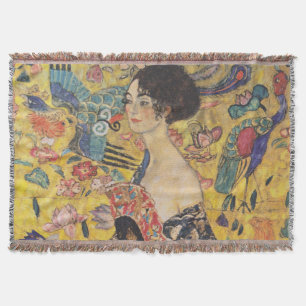 Art Nouveau dame met waaier-schilderij in vintage Deken