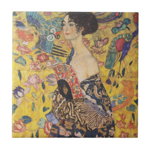 Art Nouveau dame met waaier-schilderij in vintage Tegeltje