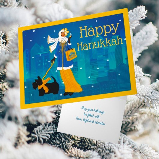 Art Nouveau Dame met Zwarte Scottie Hond Feestdagen Kaart