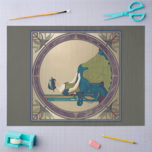 Art Nouveau Dame Wachten Decoupage Papier (Craft)