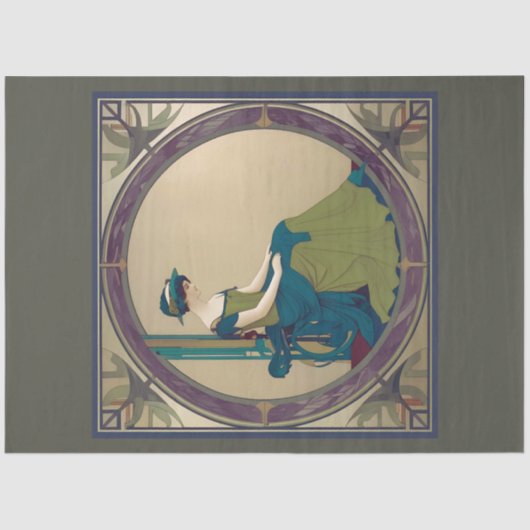 Art Nouveau Dame Wachten Decoupage Papier (Voorkant)