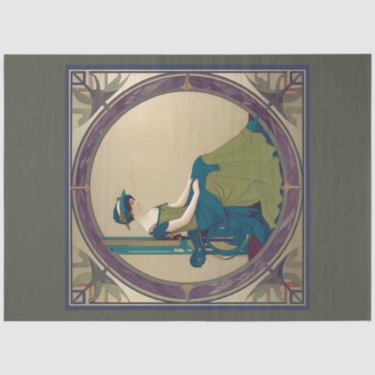 Art Nouveau Dame Wachtende Decoupage Papier (Voorkant)