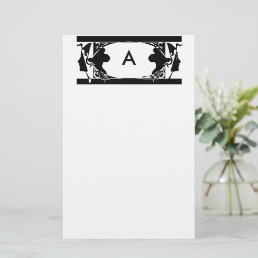 Art Nouveau Dames Silhouet Monogram Briefpapier (Staand voorkant)