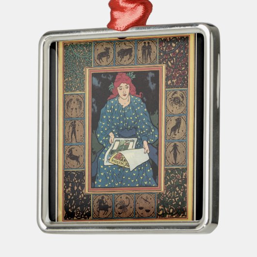 Art Nouveau, damesboek dat astrologie leest Metalen Ornament (Links)