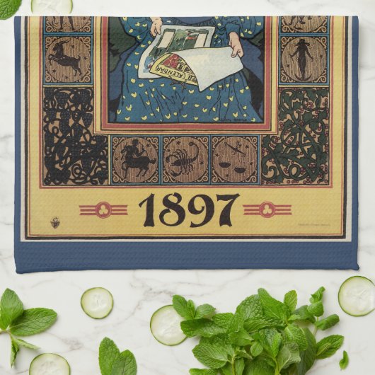  Art Nouveau, damesboek dat astrologie leest Theedoek (Gevouwen)