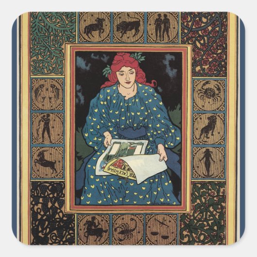 Art Nouveau, damesboek dat astrologie leest Vierkante Sticker (Voorkant)
