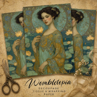 Art Nouveau damesfiguur met waterlelie decoupage Tissuepapier