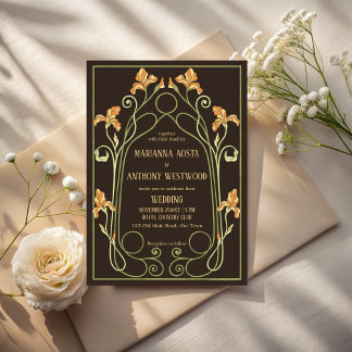 Art nouveau dark brown elegant wedding kaart