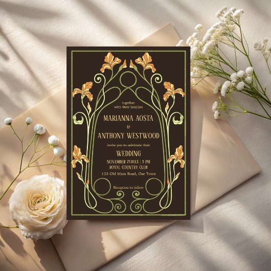Art nouveau dark brown elegant wedding kaart