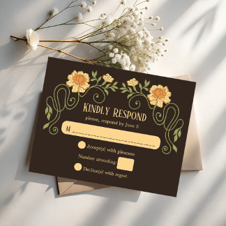 Art nouveau dark brown elegant wedding RSVP kaartje