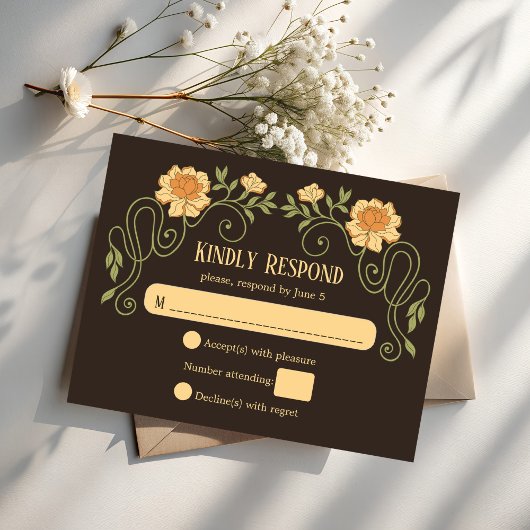 Art nouveau dark brown elegant wedding RSVP kaartje