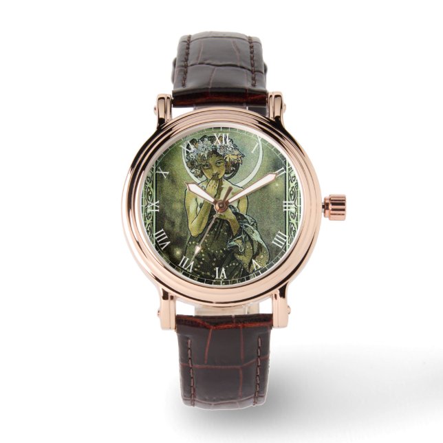  Art Nouveau De Maan door Mucha Horloge (Voorkant)