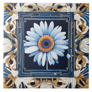 Art Nouveau Deco Blauw Wit Gerbera Daisy Bloem Tegeltje