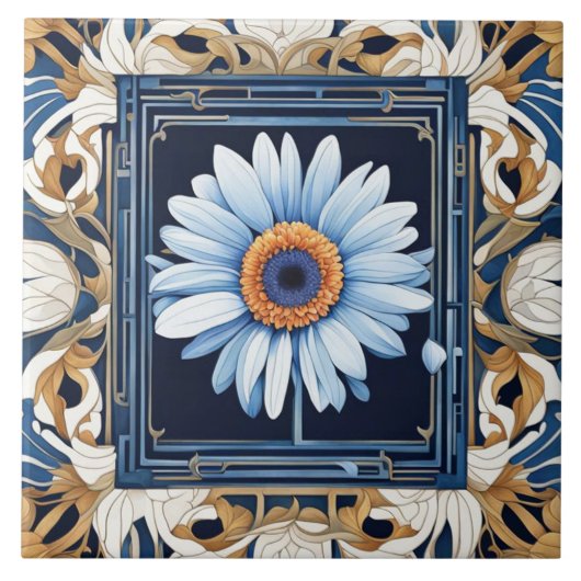 Art Nouveau Deco Blauw Wit Gerbera Daisy Bloem Tegeltje (Voorkant)