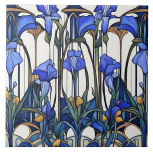 Art Nouveau Deco Blauw & Wit Iris Bloemen Bloemen Tegeltje