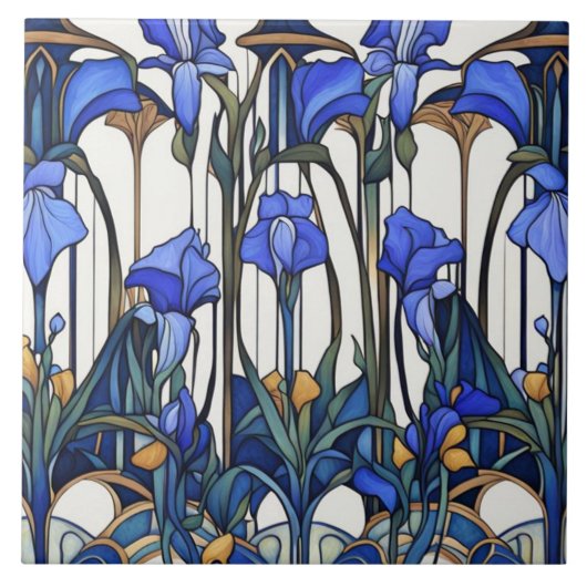 Art Nouveau Deco Blauw & Wit Iris Bloemen Bloemen Tegeltje (Voorkant)