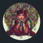 Art nouveau deco elegant women peace ock veren grote klok<br><div class="desc">Een kunstgenoot,  kunstdeco  illustratie van een lange,  rode kopige vrouw die is omgevormd met vreugdeveren Een elegante  illustratie van een klassieke schoonheid.</div>
