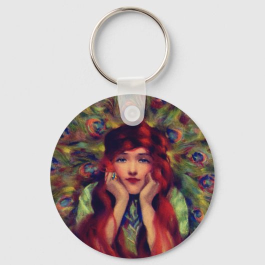 Art nouveau deco vrouw pauw veer elegant sleutelhanger (Voorkant)