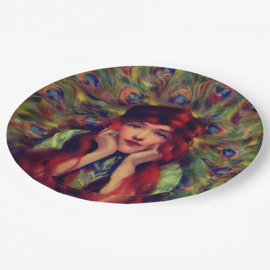 Art nouveau deco women pauock veren elegant papieren bordje (Gekanteld)