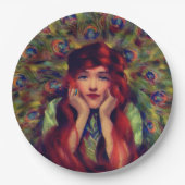 Art nouveau deco women pauock veren elegant papieren bordje (Voorkant)