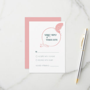 Art Nouveau Deusty Pink  Butterfly Wedding RSVP Kaartje
