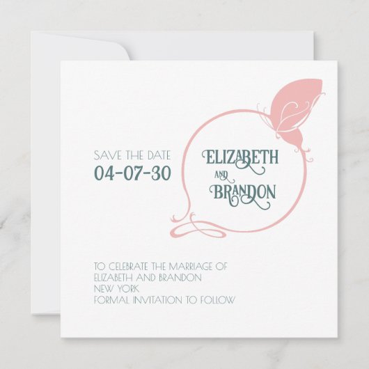Art Nouveau Deusty Pink  Butterfly Wedding Save The Date (Voorkant)