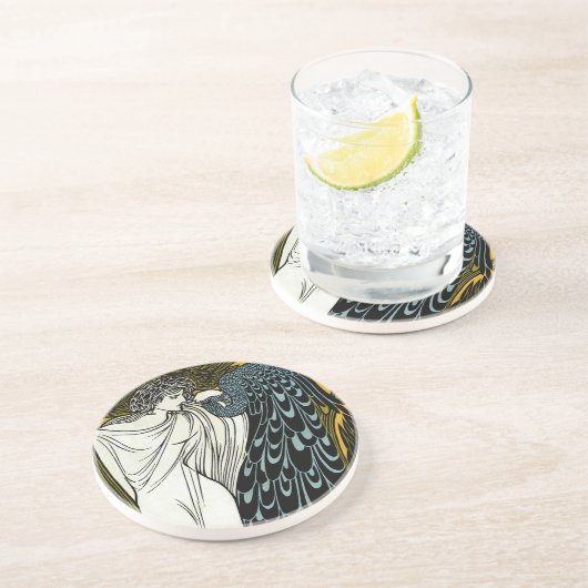  Art Nouveau Deze Kus, Vrouw met Peacock Zandsteen Onderzetter (Zijkant)