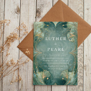 Art Nouveau Diep Teal Goud Ginkgo Blad Trouwring Kaart