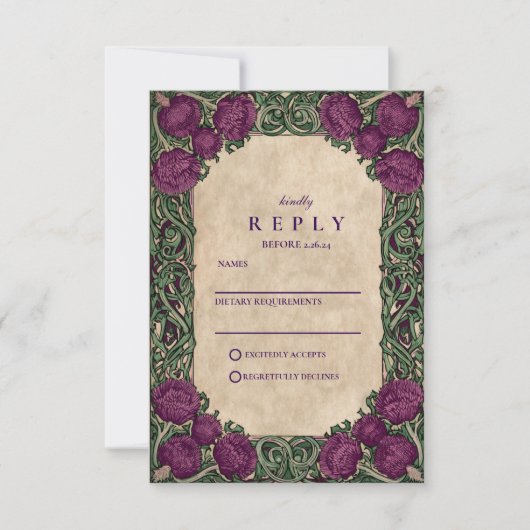 Art Nouveau Distel Bruiloft RSVP Kaartje (Voorkant)