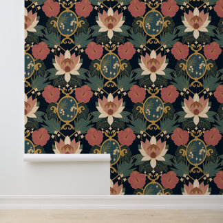 Art Nouveau Donkere Lotus Vintage Behang