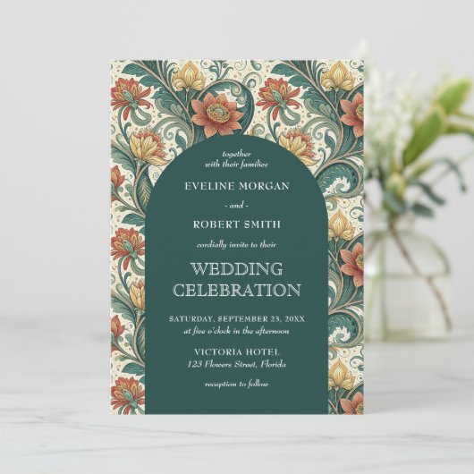 Art Nouveau donkergroene terracotta bruiloft Kaart (Staand voorkant)