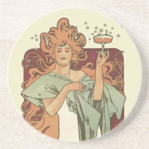  Art Nouveau door Mucha, Champagne Party Zandsteen Onderzetter
