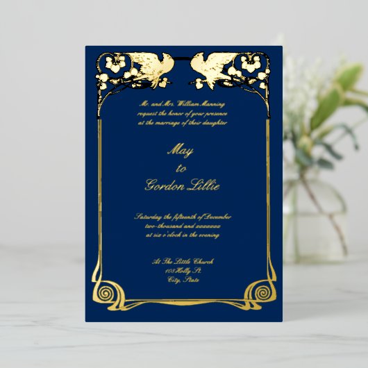 Art Nouveau Doves Border Folie Uitnodiging (Staand Voorkant)