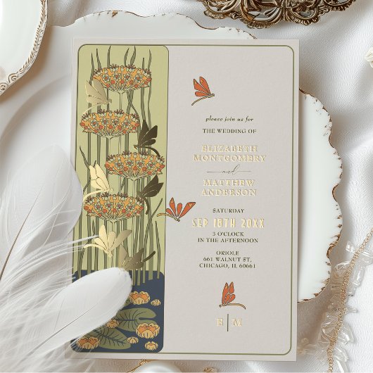 Art Nouveau Dragonfly en bloemenbruiloft Folie Uitnodiging